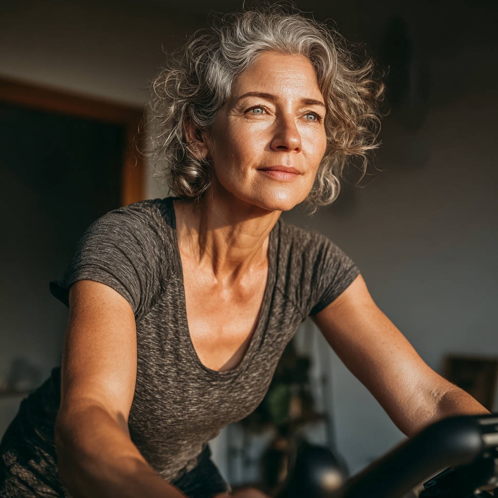 Активна зріла людина займається вправами на свіжому повітрі